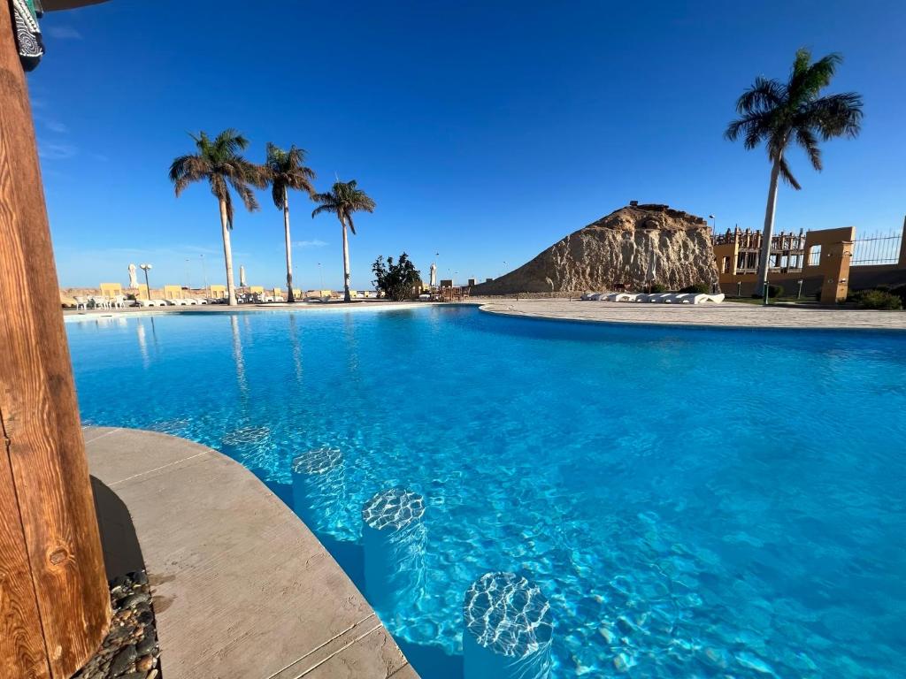 a large swimming pool with palm trees and a beach at Marina view port ghalib in Port Ghalib