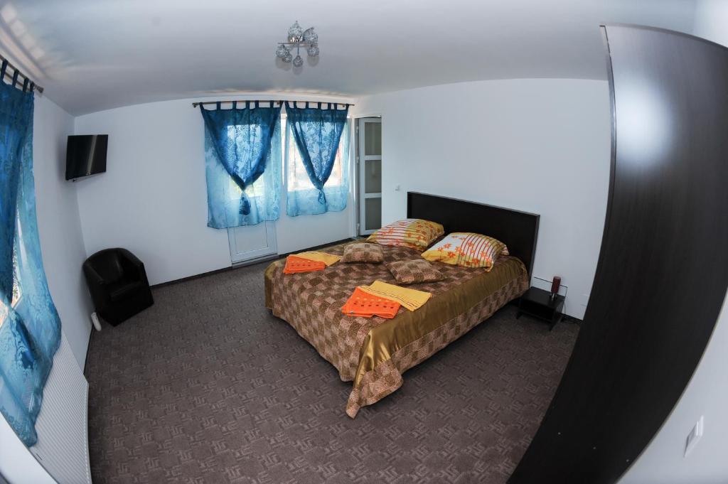 a bedroom with a bed and two windows at casa Dany&Ady in Râşnov