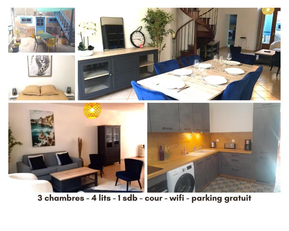 2 Bilder von einer Küche und einem Wohnzimmer in der Unterkunft Belle Maison 8 pers Vatan centre in Vatan