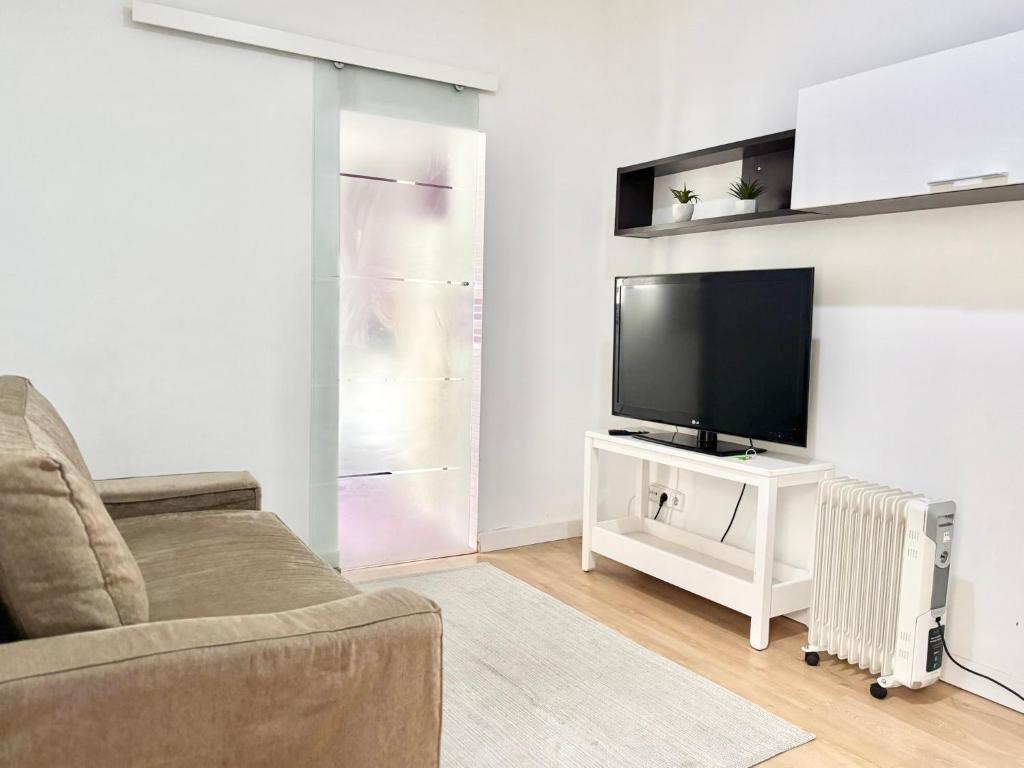 ein Wohnzimmer mit Sofa und Flachbildfernseher in der Unterkunft Centro Madrid Rio - Monederos C in Madrid