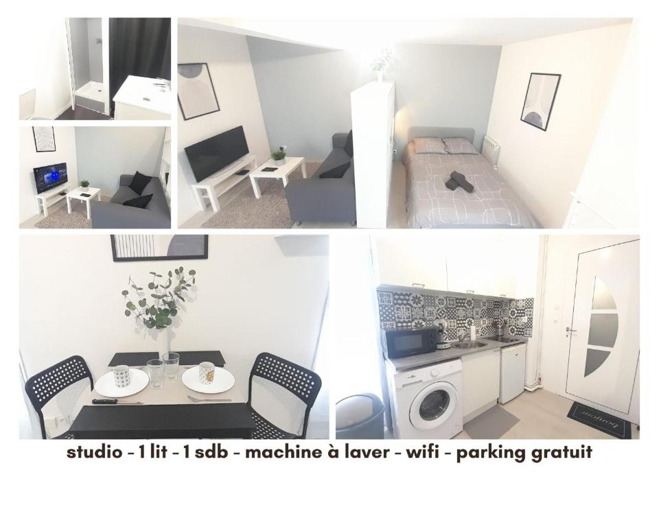 eine Collage aus drei Bildern eines Raumes in der Unterkunft Studio cosy Le Barangeon à Vierzon - Wifi in Vierzon