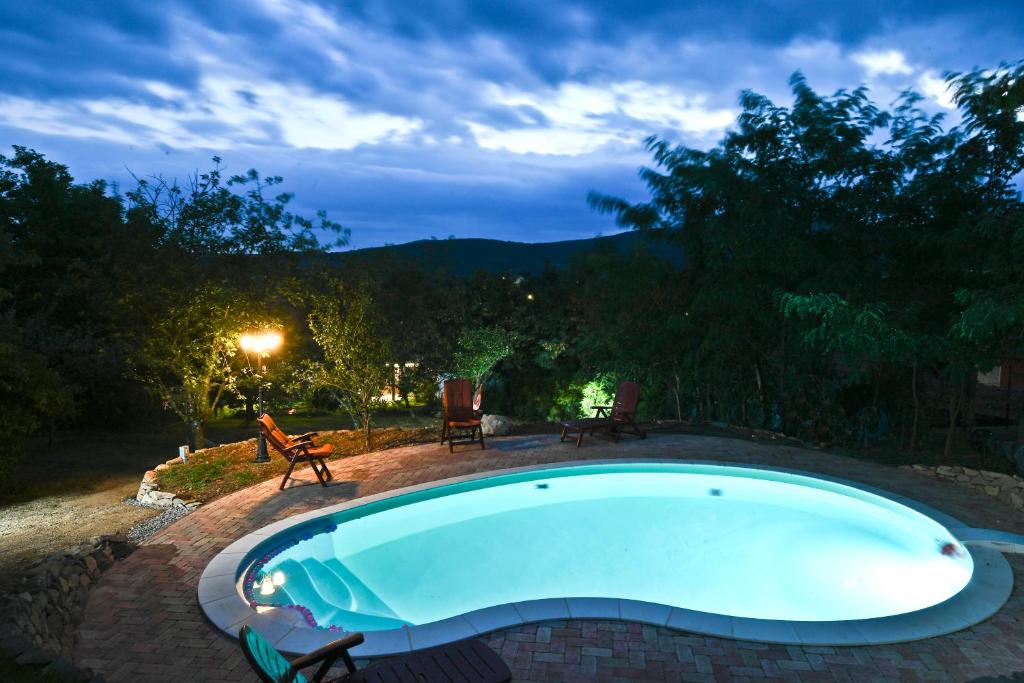 een zwembad in een tuin 's nachts bij Bell House in Bükkzsérc