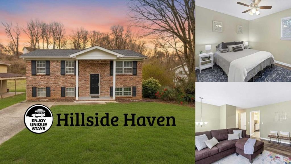 een collage van foto's van een huis met een bed en een huis bij Hillside Haven - affordable and convenient in Chattanooga