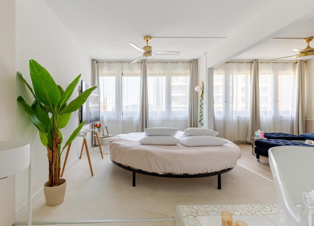 ein weißes Zimmer mit einem Bett mit Kissen darauf in der Unterkunft Suite 2 à 4 personnes lit rond Bergson Stade Zénith in Saint-Étienne