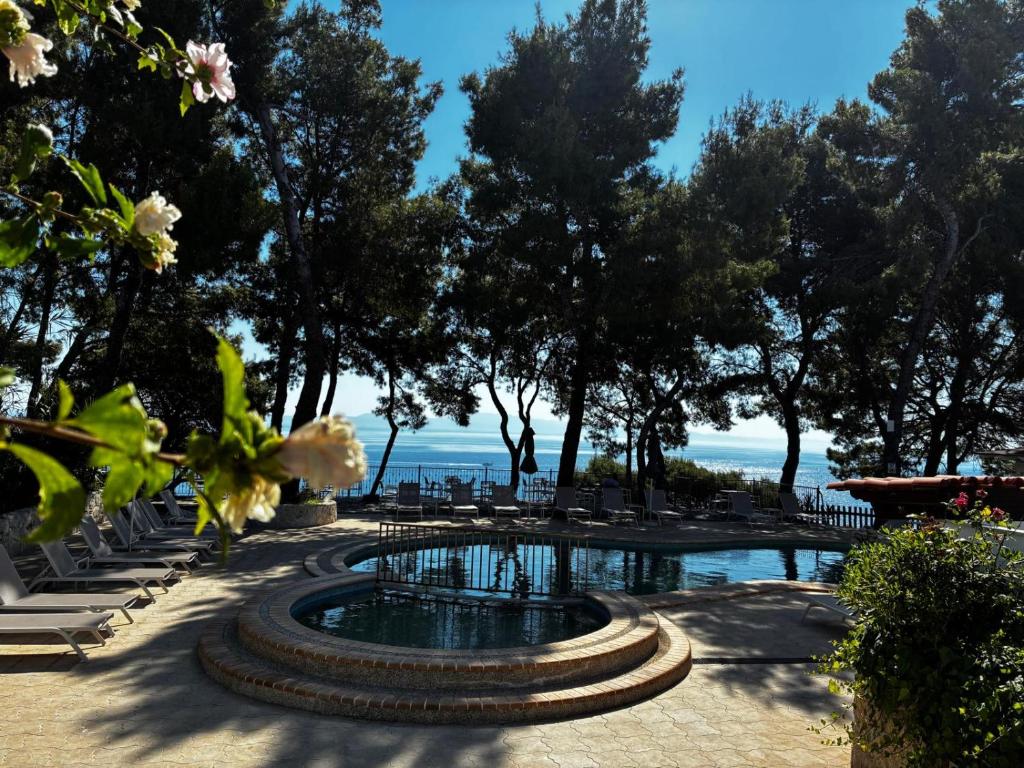 una piscina con alberi e l'oceano sullo sfondo di Ξενοδοχείο Ευριπίδης ad Áfitos