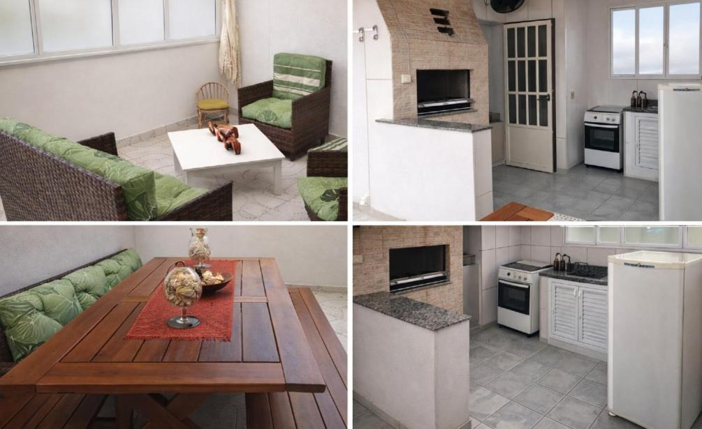 four different views of a kitchen and a living room at Triplex no Centro e Pertinho da Praia in Guaratuba