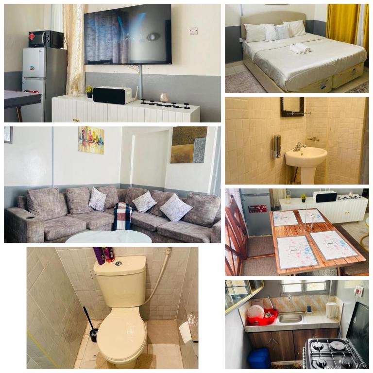 een collage van foto's van een kamer met een bank en een bed bij Le Comfort in Eldoret