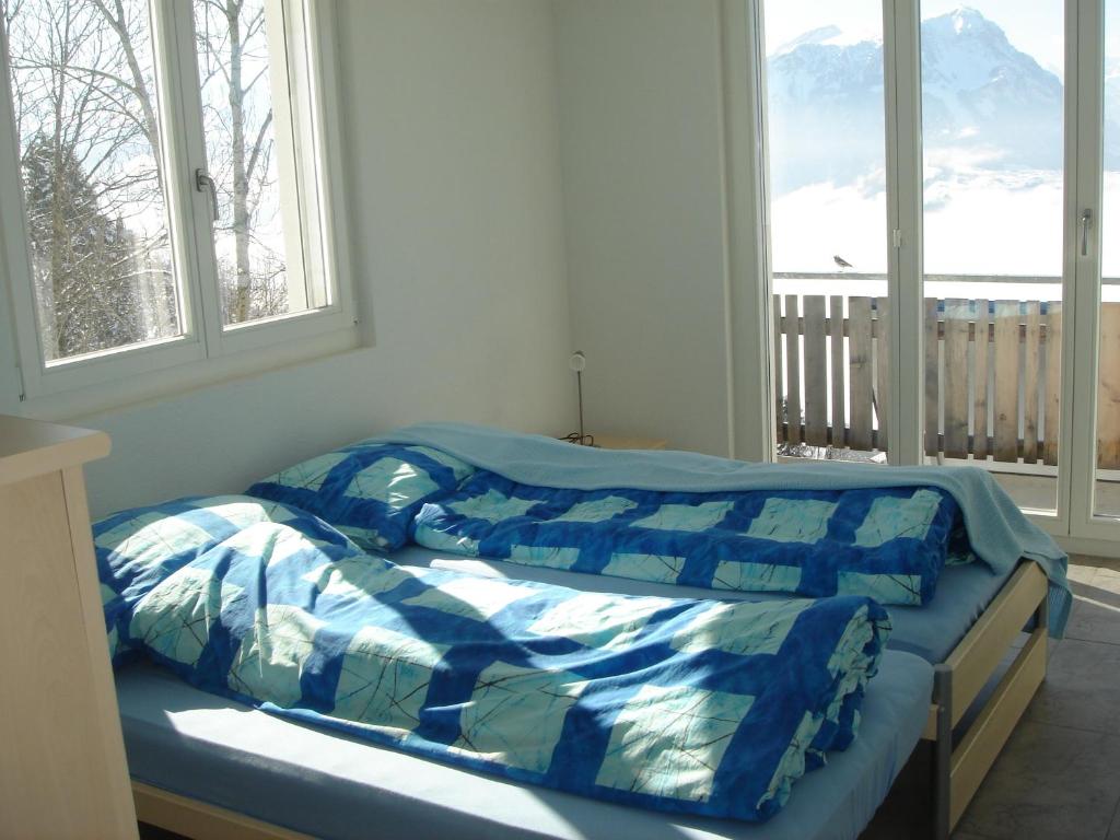 a bedroom with two beds and two windows at Ferienwohnung Suter in Seewen