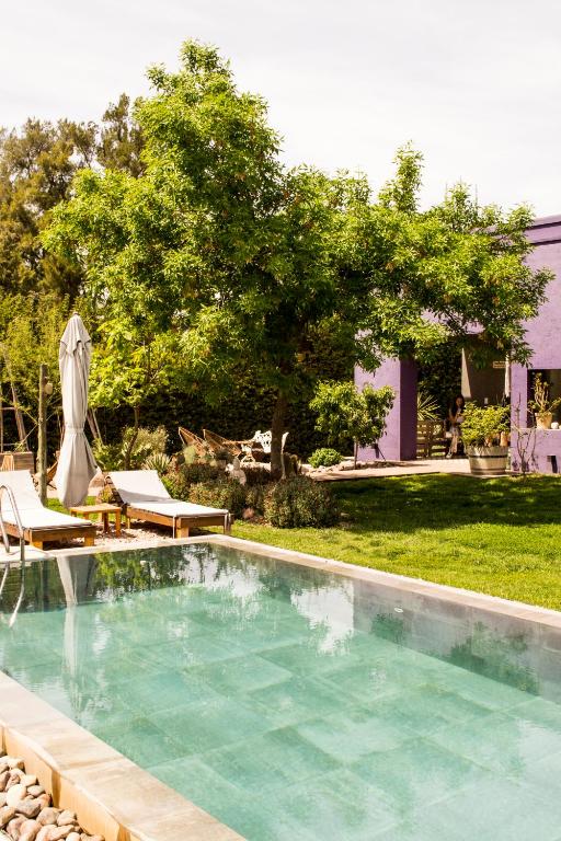 a swimming pool in a yard with two lawn chairs at Refugio Padma in Chacras de Coria