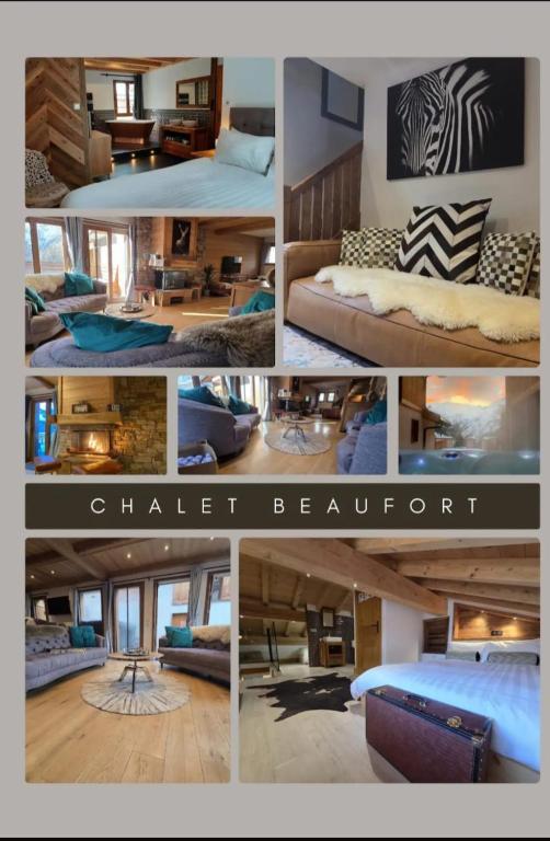a collage of photos of a bedroom and a hotel room at Chalet Beaufort in Saint-Martin-de-Belleville