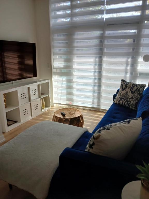 ein Wohnzimmer mit einer blauen Couch und einem Fernseher in der Unterkunft Stockyards in Toronto