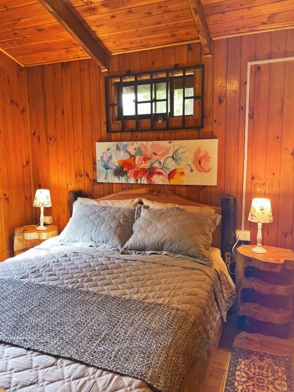 a bedroom with a bed in a room with wooden walls at Refugio araucano - Lican Ray in Licán Ray