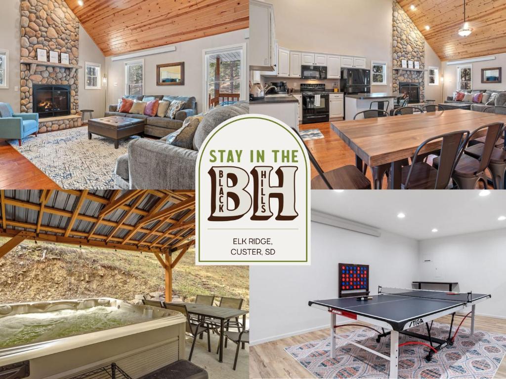 een collage van foto's met het Stay in the B&B-logo bij Elk Ridge Fire Place Custer in Custer