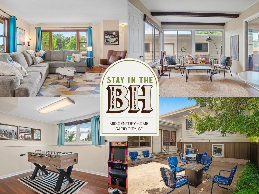 un collage di foto di un soggiorno con un cartello che dice di restare a casa di Mid-Century Magic - HUGE Space a Rapid City