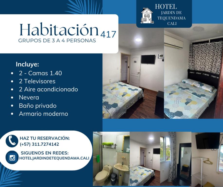 eine Collage mit Bildern eines Zimmers mit einem Bett in der Unterkunft JARDIN DE TEQUENDAMA HOTEl in Cali