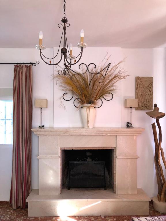 a fireplace with a plant in a vase on it at Villa Salvatore in Aznalcázar