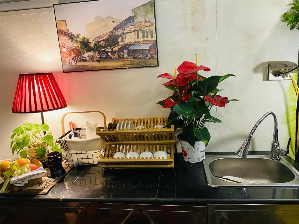 eine Küchentheke mit Spüle und eine Vase mit Pflanze in der Unterkunft L'e'tage House in Hanoi