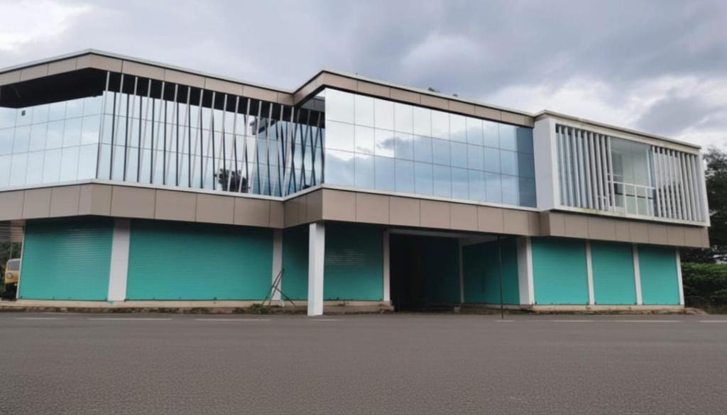 a large building with glass windows on a street at Zeekka Tourist Home in Meenangadi