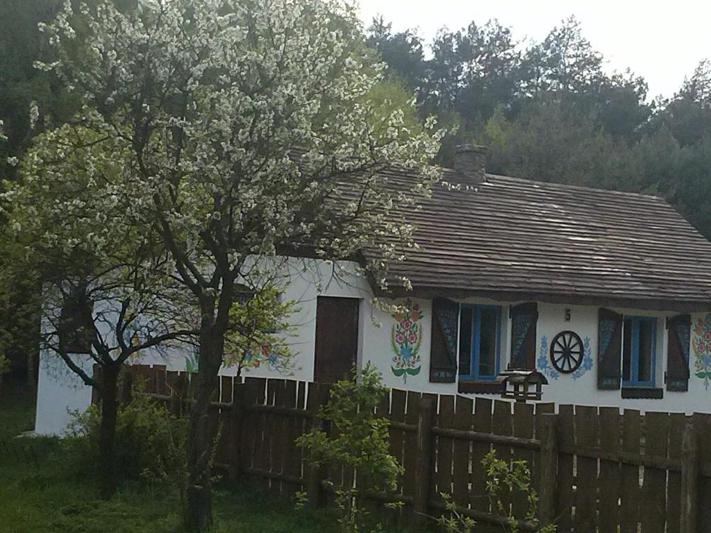 una pequeña casa blanca con una valla de madera en Zagroda Zalipie, en Gostynin