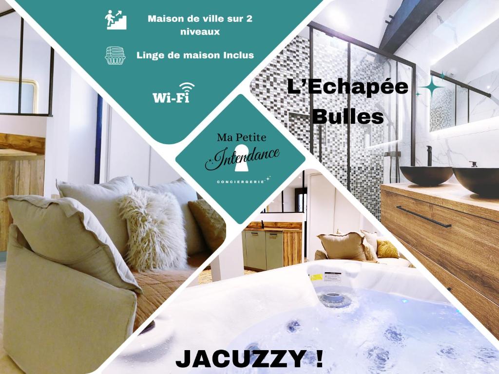 eine Collage von Bildern eines Wohnzimmers mit Badewanne in der Unterkunft L'échappée Bulles - T3 - Jacuzzi in Auch