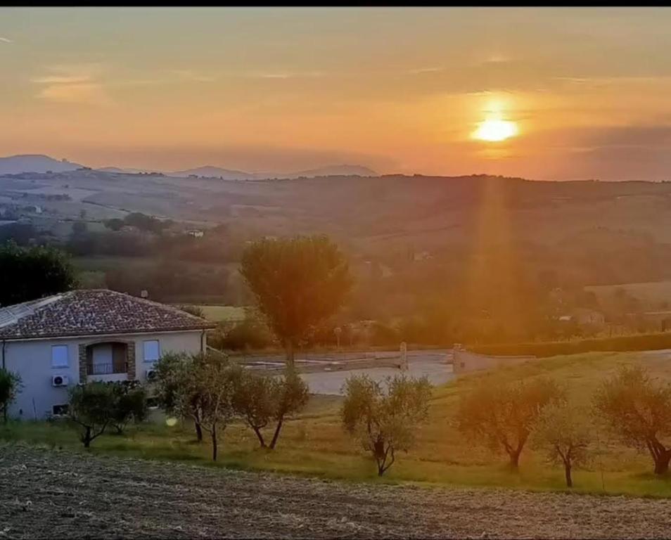 a house in a field with the sunset in the background at Casa Alysa Agriturismo in Tavullia