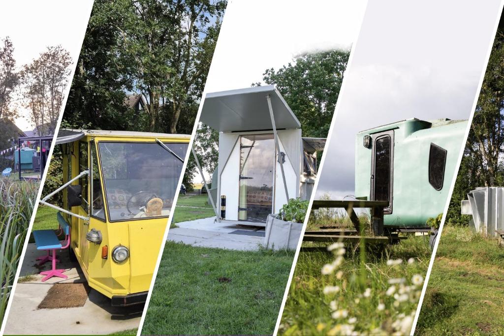 een collage van vier foto's van een kleine bus bij Tiny Houses in Heeg