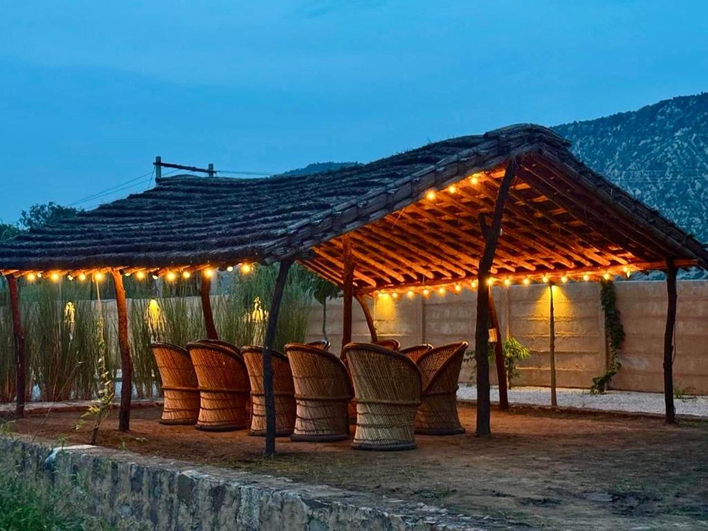 NārāyanpurThe Cub Sariska的凉亭下的一组椅子，凉亭里亮着灯。