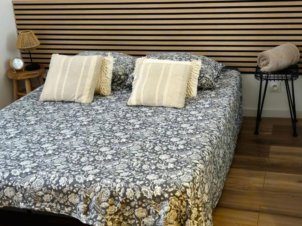 una camera da letto con un letto con due cuscini sopra di Charmant Studio Centre-ville Confort a Montélimar