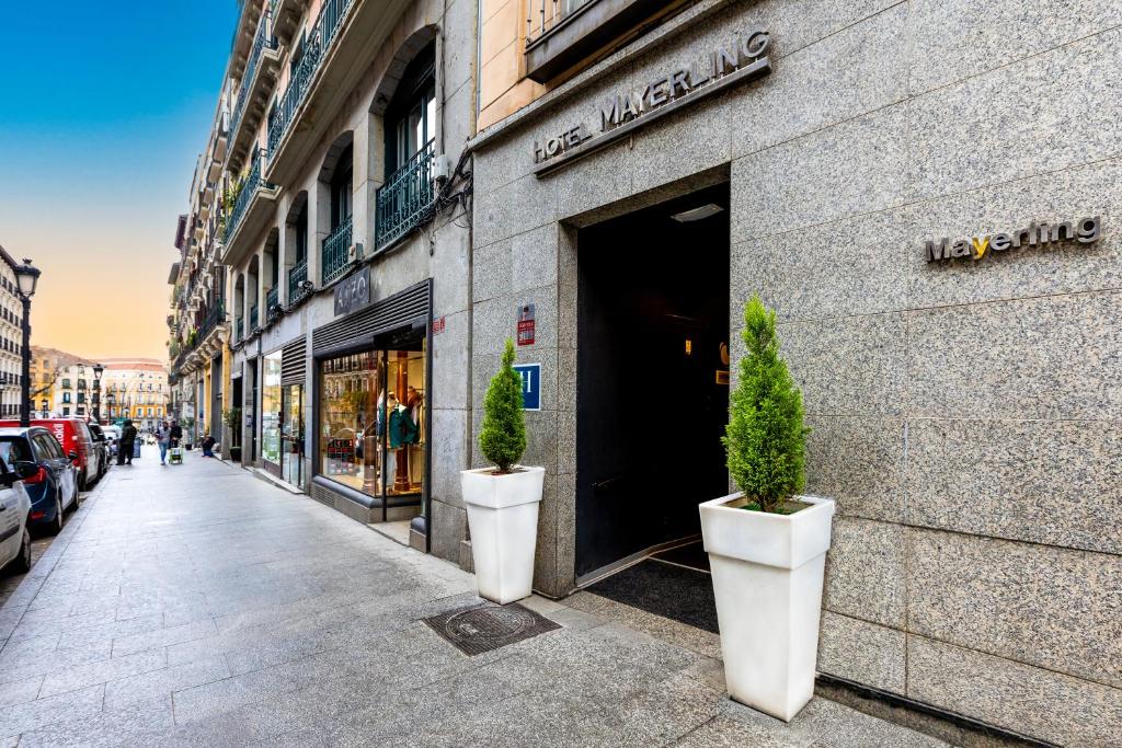 Eine Straße mit zwei Topfpflanzen vor einem Laden in der Unterkunft Mayerling Hotel in Madrid