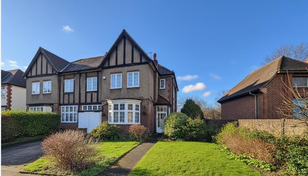 een groot bruin huis met een zwart dak bij The London Residence in Enfield