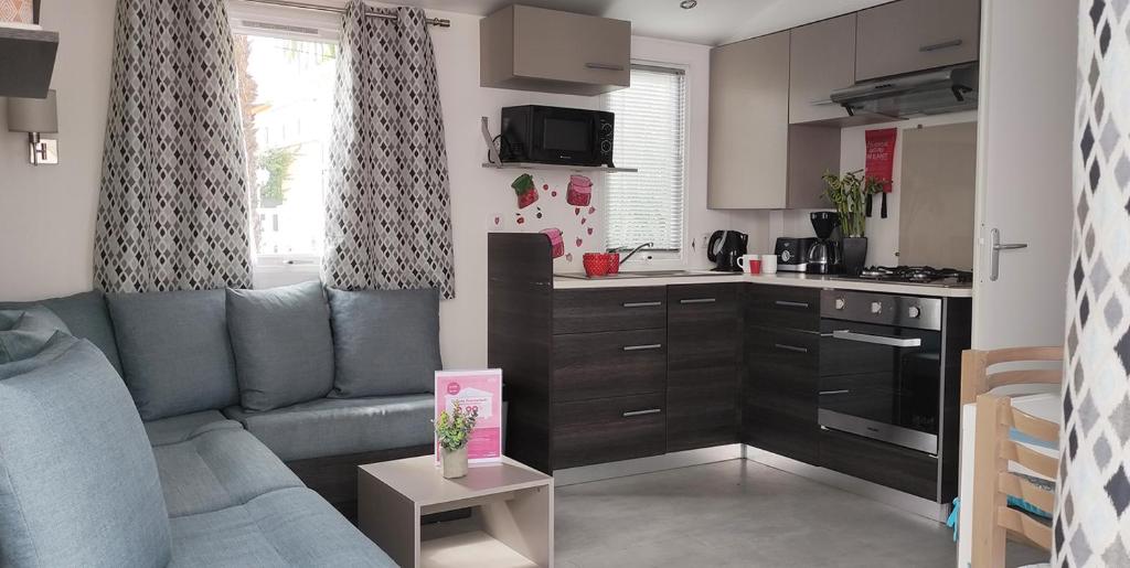 ein Wohnzimmer mit Sofa und eine Küche in der Unterkunft Mobil home famille Calazel in Sérignan