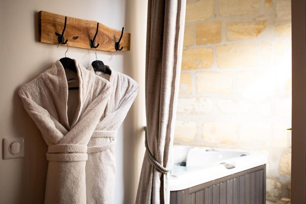 een badjas die in een badkamer naast een wastafel hangt bij Bordeaux Suites & Spa in Bordeaux