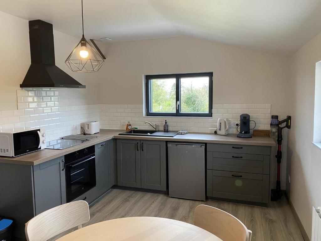 una cucina con armadi grigi, un lavandino e una finestra di Gîte 535 a Saulces-Monclin