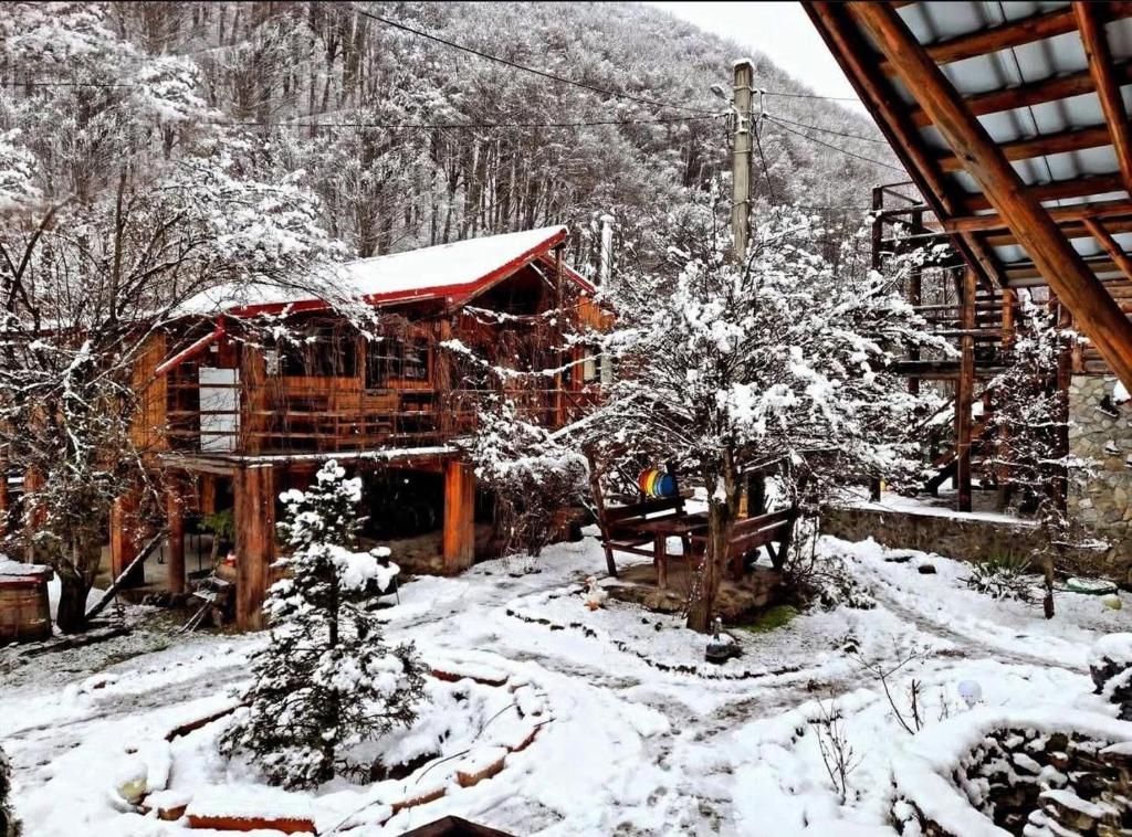 una baita di tronchi con neve a terra di Raiul de pe Rau a Moroeni