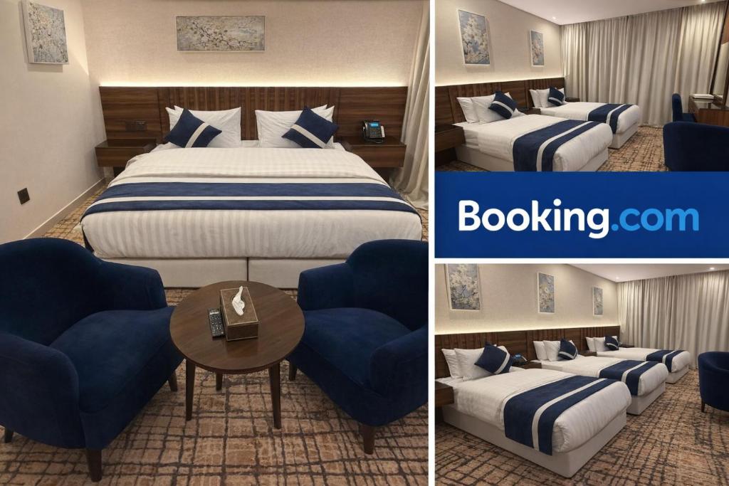 twee foto's van een hotelkamer met bedden en stoelen bij همم للشقق المخدومة العلا -HMM Serviced Appartments in Al Ula