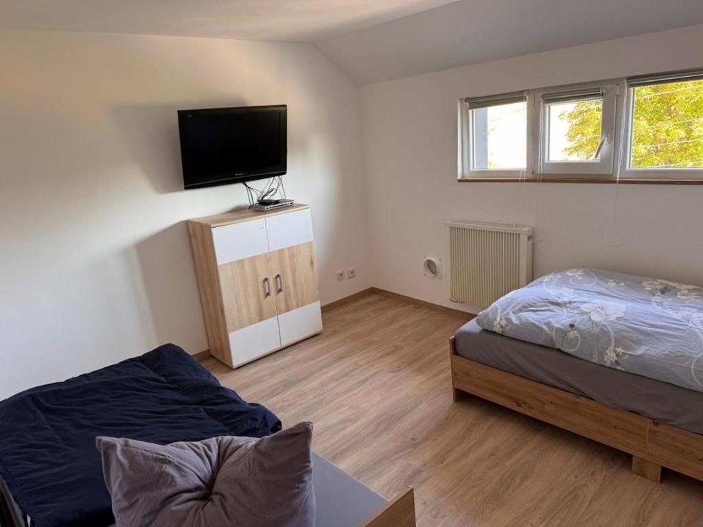 una camera da letto con un letto e una TV a schermo piatto di NEU! Ferienwohnung Elsteraue DG oben a Meuselwitz
