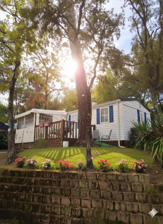 a mobile home with a tree and flowers in a yard at Mobil Home sans vis a vis in Saint-Georges-de-Didonne