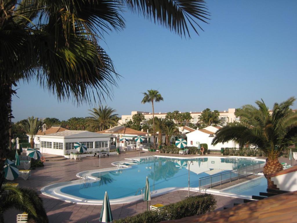 een groot zwembad met palmbomen en een resort bij Bungalows Campo Golf in Maspalomas