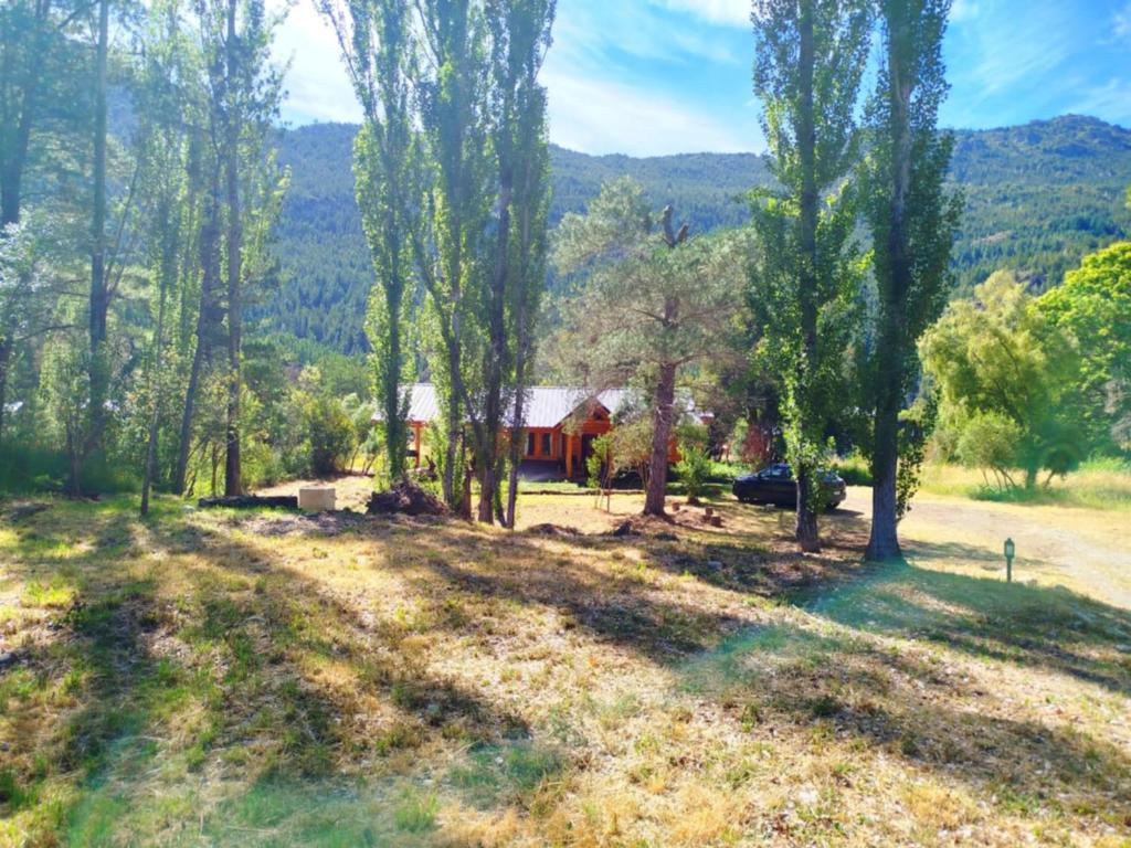 ein Haus mitten auf einem Feld mit Bäumen in der Unterkunft Lejana Casa de montaña in Lago Puelo