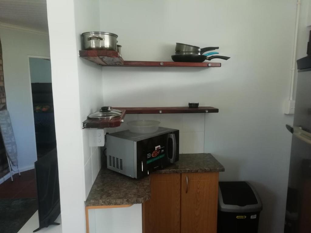 een kleine keuken met een magnetron op een aanrecht bij PauMar Guesthouse in Sutherland