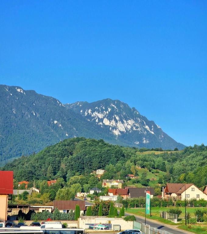 a small town with a mountain in the background at Mountain View Apartment in Zărneşti