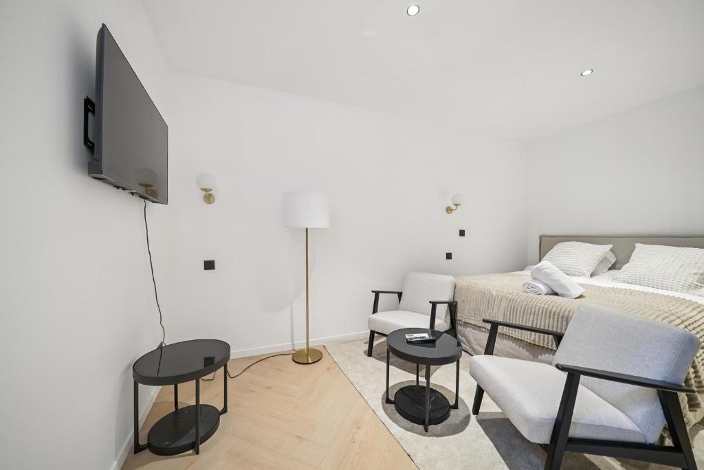 ein Wohnzimmer mit einem Bett und einem Fernseher in der Unterkunft MyHotel - Suite Tête d'Or, Cordelier in Lyon