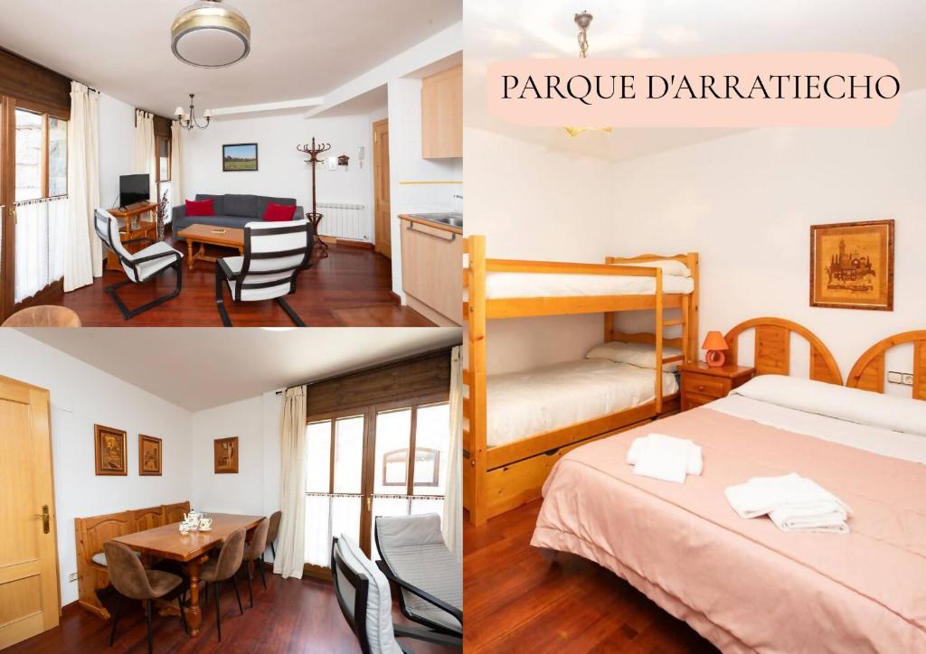 ein Hotelzimmer mit einem Bett und einem Esszimmer in der Unterkunft Parque d'Arratiecho l Wifi l Céntrico l Amplio in Biescas