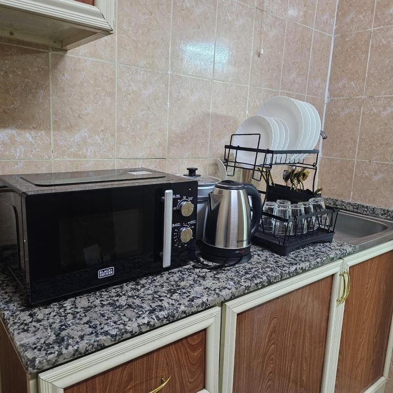 un micro-ondes posé sur un comptoir dans une cuisine dans l'établissement Kady and Kojic Hideout, à Al-Aïn