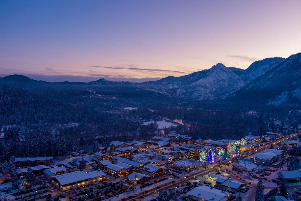 an aerial view of a city with mountains in the background at Icicle Village Resort in Leavenworth
