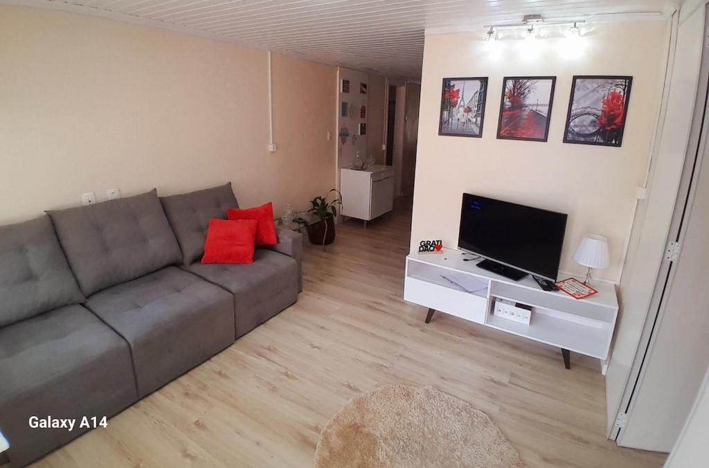 ein Wohnzimmer mit Sofa und Flachbildfernseher in der Unterkunft Casa Completa Charmosa e Perfeita para Você in Caxias do Sul