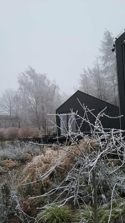 a field with a fence and a building with snow at Czarnydomek in Gromadzin