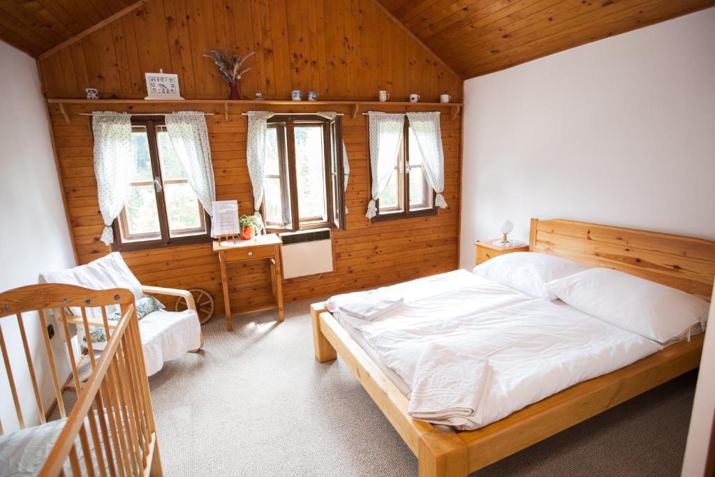 a bedroom with a bed and a desk and windows at Horská chata Jonáš in Dolní Malá Úpa