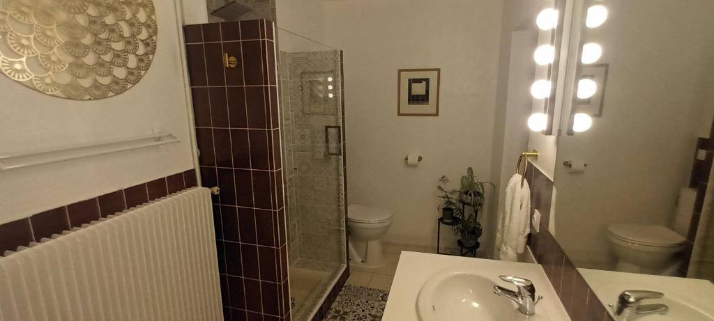 un bagno con lavandino, doccia e WC di Place of the Goddess a Damvillers