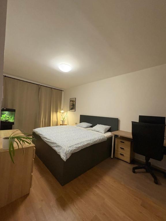 a bedroom with a bed and a desk and a chair at Cozy Self check-in Apartment in vibrant Ruzinov area, Komárnická 42, Bratislava in Bratislava